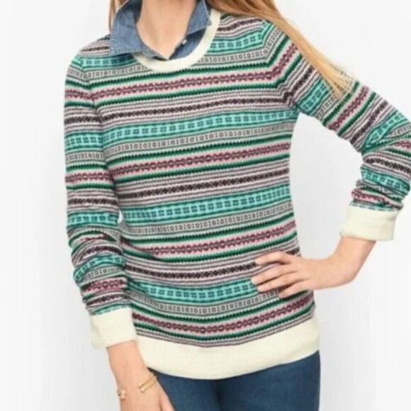 Talbots Fair Isle Lambswool Crewneck Sweater Ladies Size S Green/Pink EUC - Picture 1 of 11